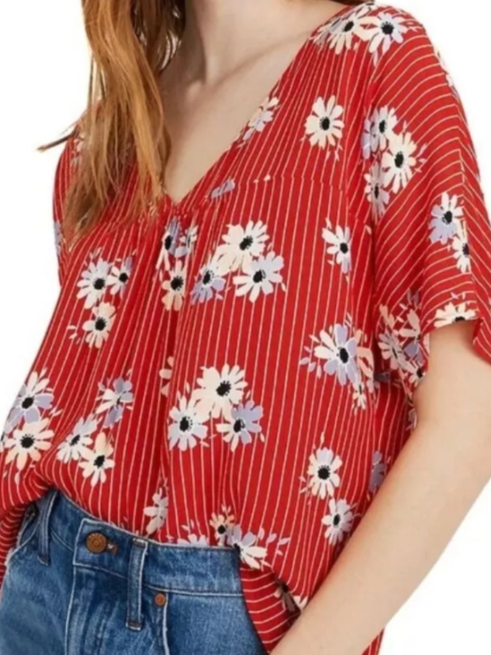 Madewell Red Floral Stripe V-Neck Blouse